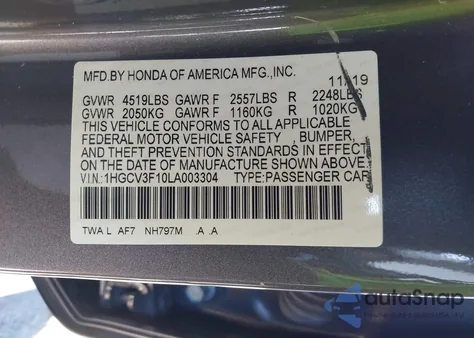 2020 Honda Accord Hybrid из США, поврежденный, VIN 1HGCV3F10LA003304